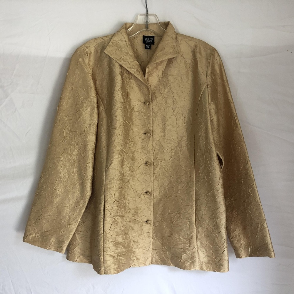 Eileen Fisher Blouse Womens PM Petite Gold 100% Silk Button‎ Front Crinkle Top